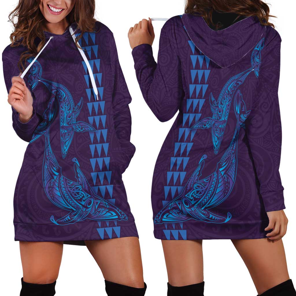 Aloha Hawaii Whale Kakau and Polynesian Tattoo Hoodie Dress Purple Color