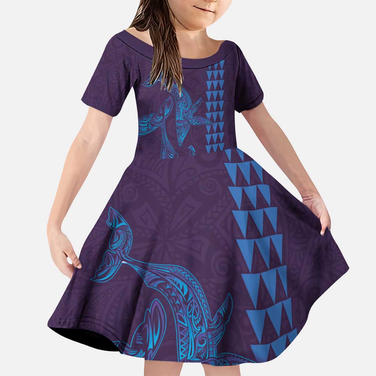 Aloha Hawaii Whale Kakau and Polynesian Tattoo Kid Short Sleeve Dress Purple Color