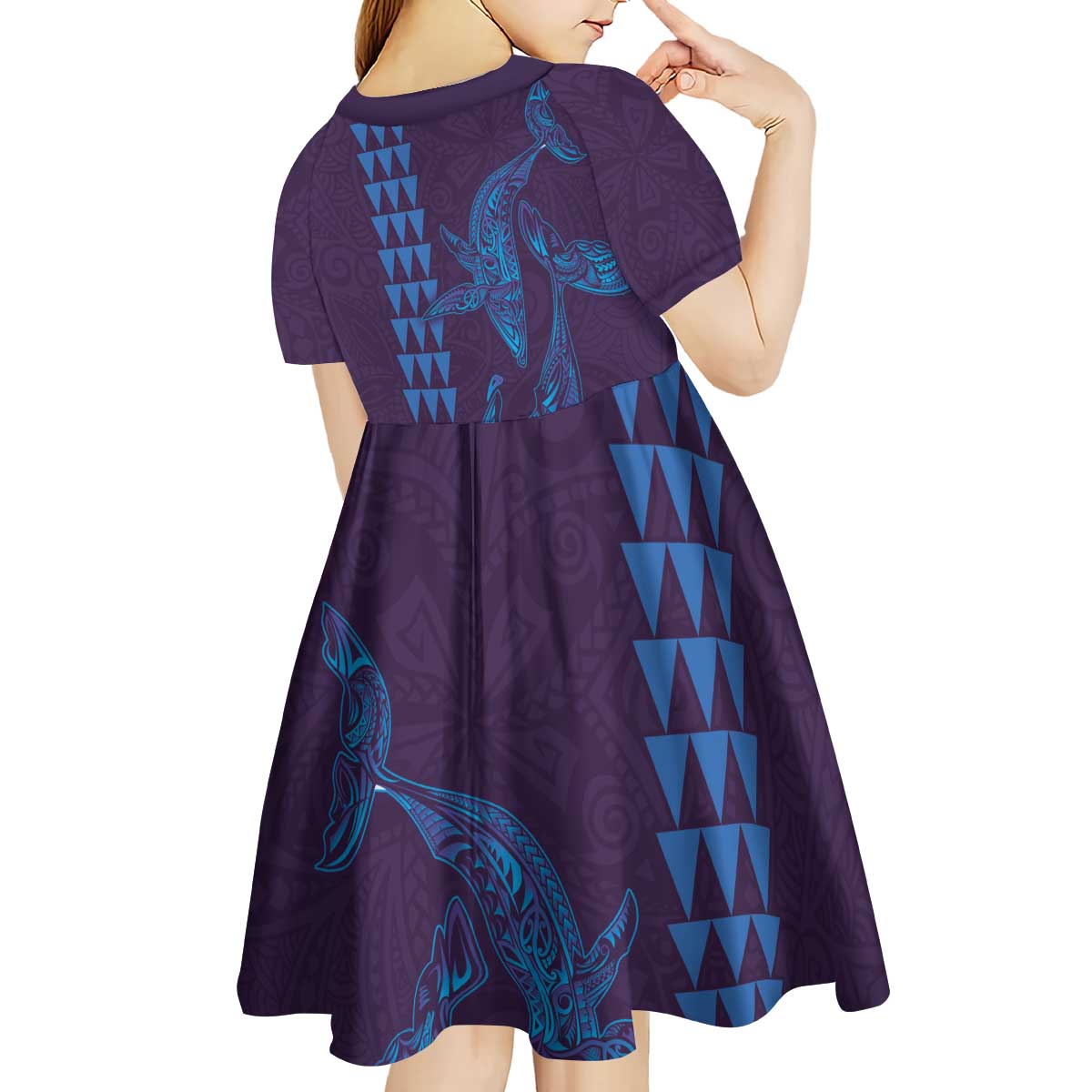 Aloha Hawaii Whale Kakau and Polynesian Tattoo Kid Short Sleeve Dress Purple Color