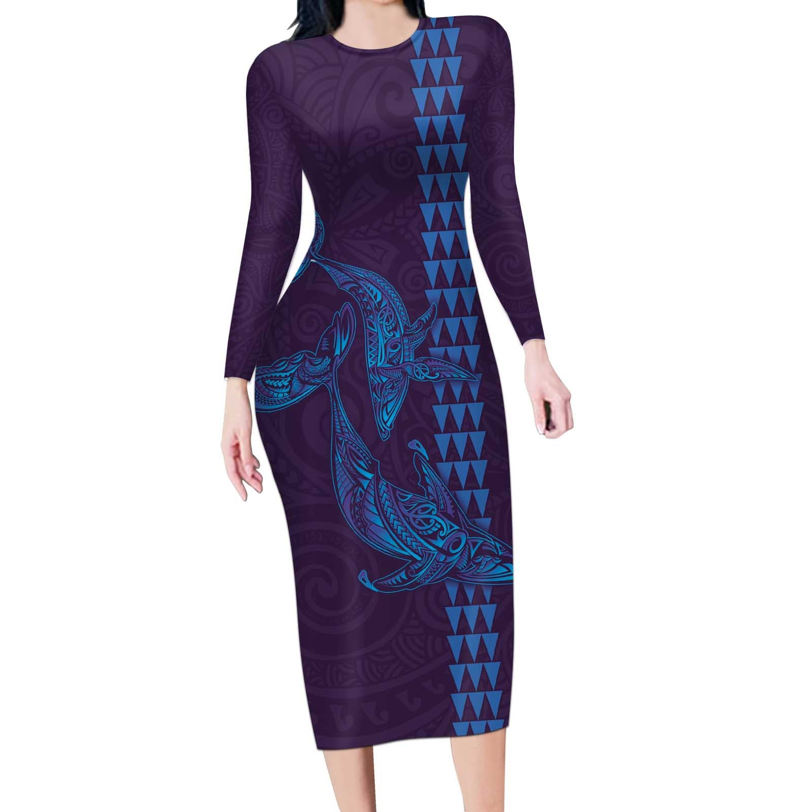 Aloha Hawaii Whale Kakau and Polynesian Tattoo Long Sleeve Bodycon Dress Purple Color LT03 Long Dress Purple - Polynesian Pride