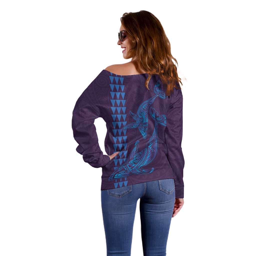 Aloha Hawaii Whale Kakau and Polynesian Tattoo Off Shoulder Sweater Purple Color