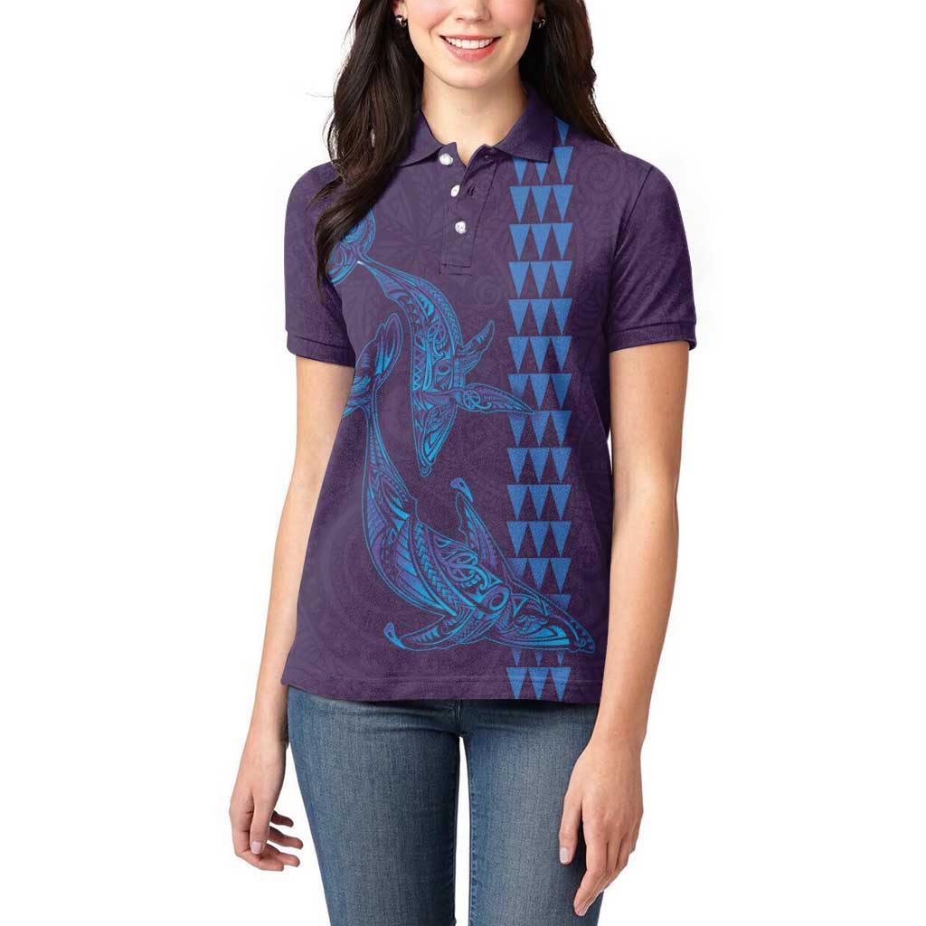 Aloha Hawaii Whale Kakau and Polynesian Tattoo Women Polo Shirt Purple Color