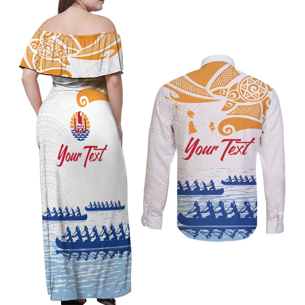 Personalised Hawaiki Nui Va'a French Polynesian Pattern Couples Matching Off Shoulder Maxi Dress and Long Sleeve Button Shirt White Color