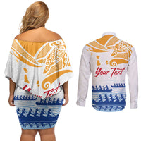 Personalised Hawaiki Nui Va'a French Polynesian Pattern Couples Matching Off Shoulder Short Dress and Long Sleeve Button Shirt White Color