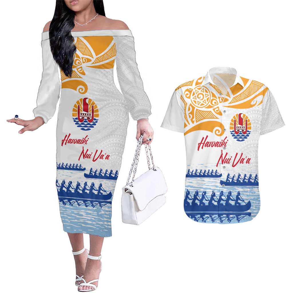 Personalised Hawaiki Nui Va'a French Polynesian Pattern Couples Matching Off The Shoulder Long Sleeve Dress and Hawaiian Shirt White Color