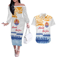 Personalised Hawaiki Nui Va'a French Polynesian Pattern Couples Matching Off The Shoulder Long Sleeve Dress and Hawaiian Shirt White Color