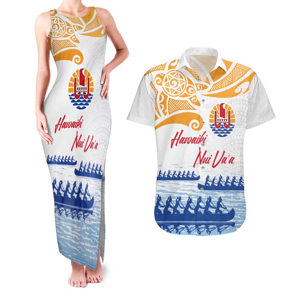 Personalised Hawaiki Nui Va'a French Polynesian Pattern Couples Matching Tank Maxi Dress and Hawaiian Shirt White Color