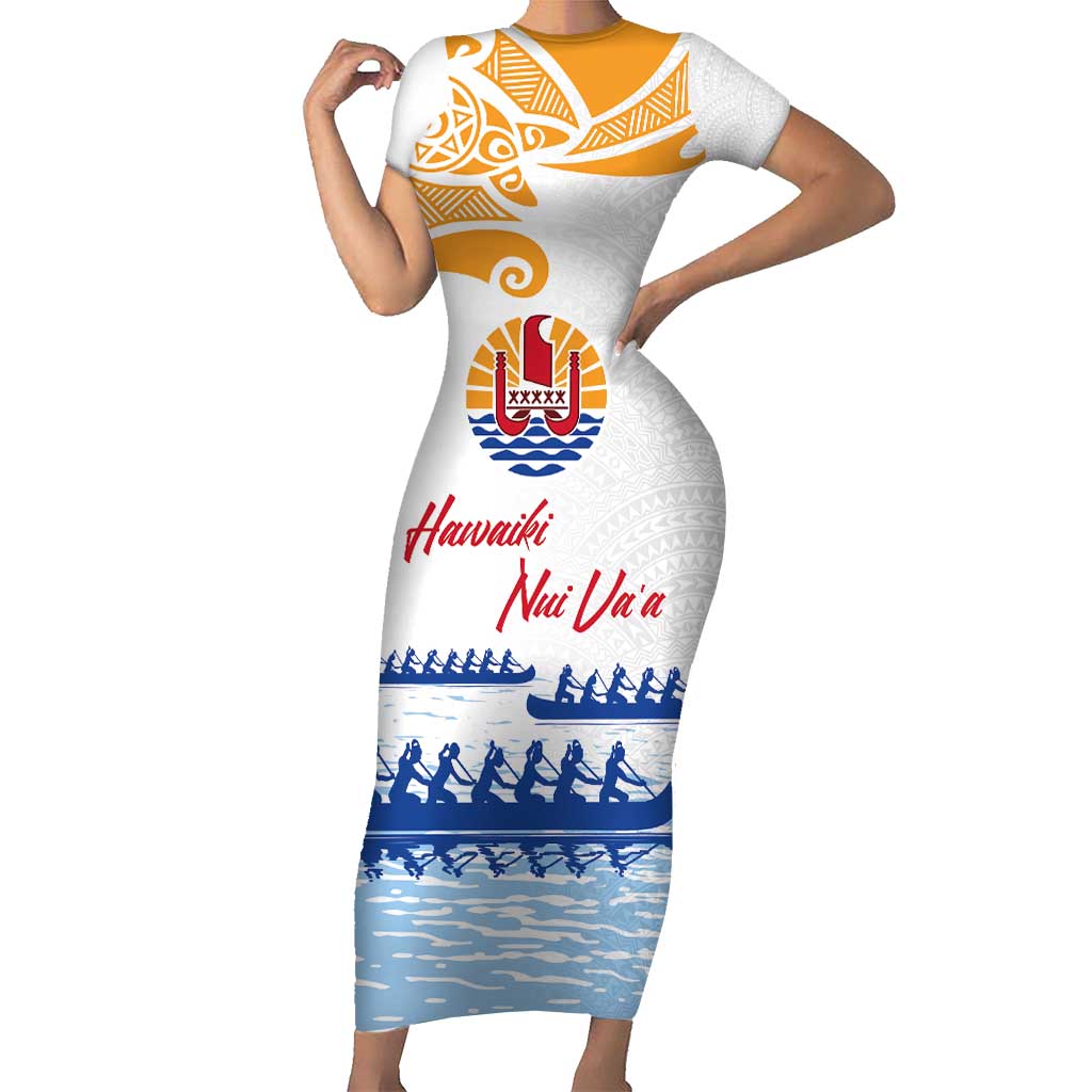 Personalised Hawaiki Nui Va'a French Polynesian Pattern Family Matching Short Sleeve Bodycon Dress and Hawaiian Shirt White Color