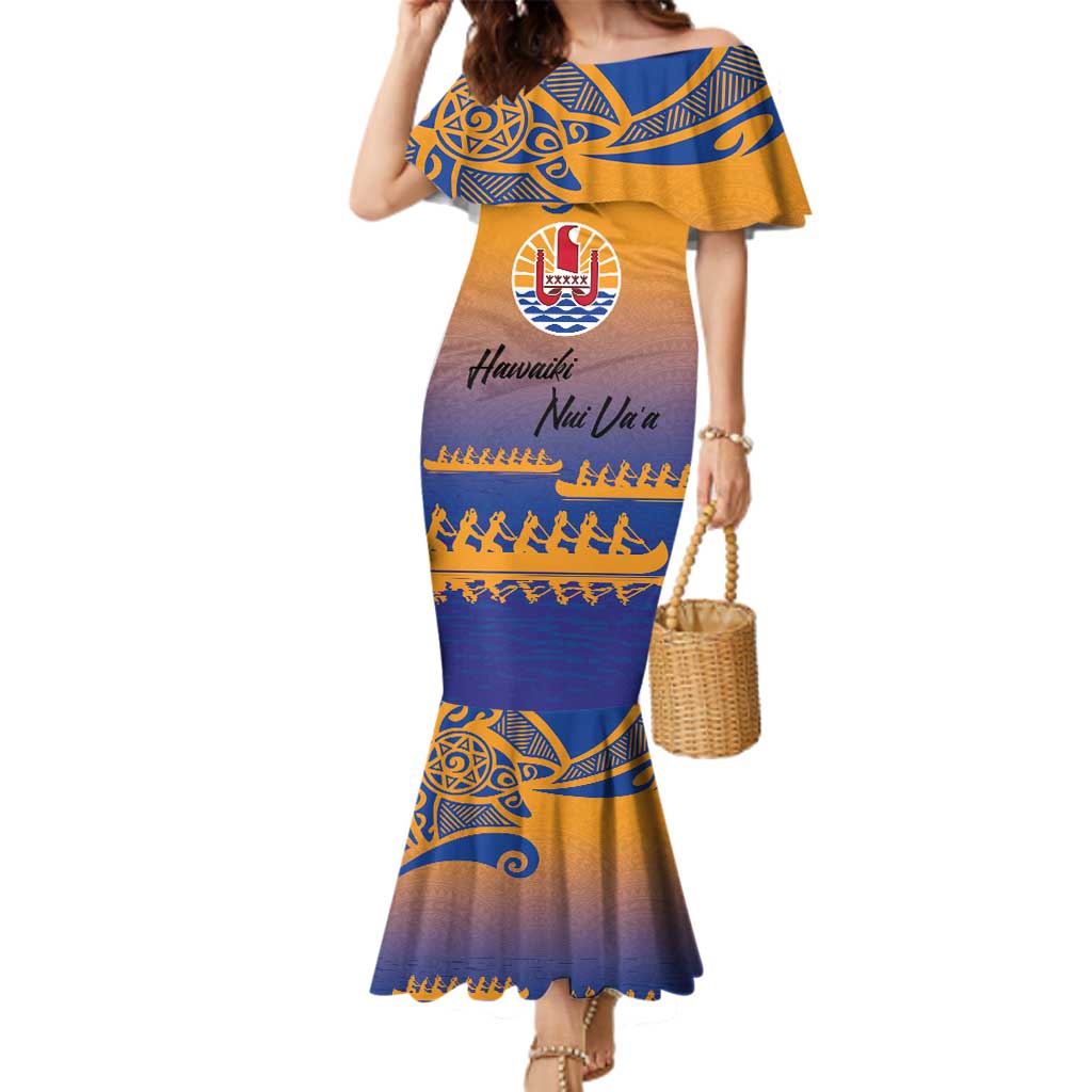 Personalised Hawaiki Nui Va'a French Polynesian Pattern Family Matching Mermaid Dress and Hawaiian Shirt Sunset Color