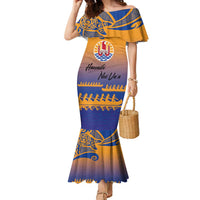 Personalised Hawaiki Nui Va'a French Polynesian Pattern Family Matching Mermaid Dress and Hawaiian Shirt Sunset Color