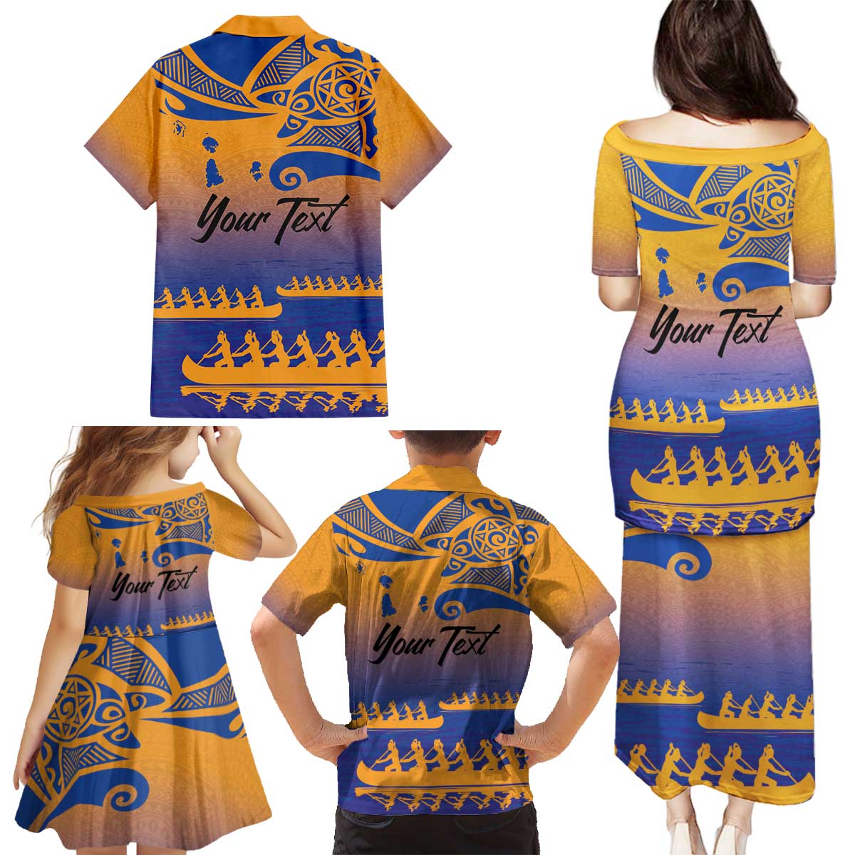 Personalised Hawaiki Nui Va'a French Polynesian Pattern Family Matching Puletasi and Hawaiian Shirt Sunset Color