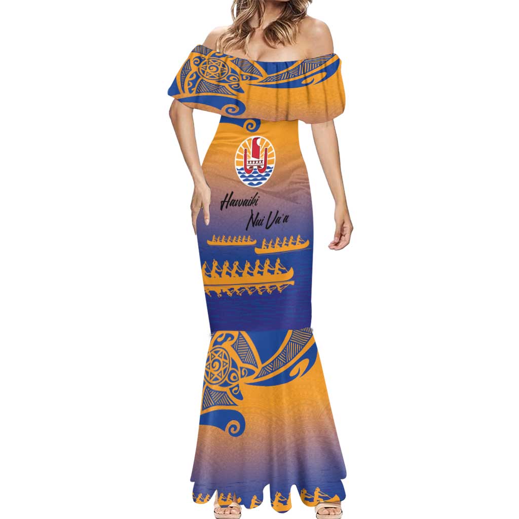 Personalised Hawaiki Nui Va'a French Polynesian Pattern Mermaid Dress Sunset Color