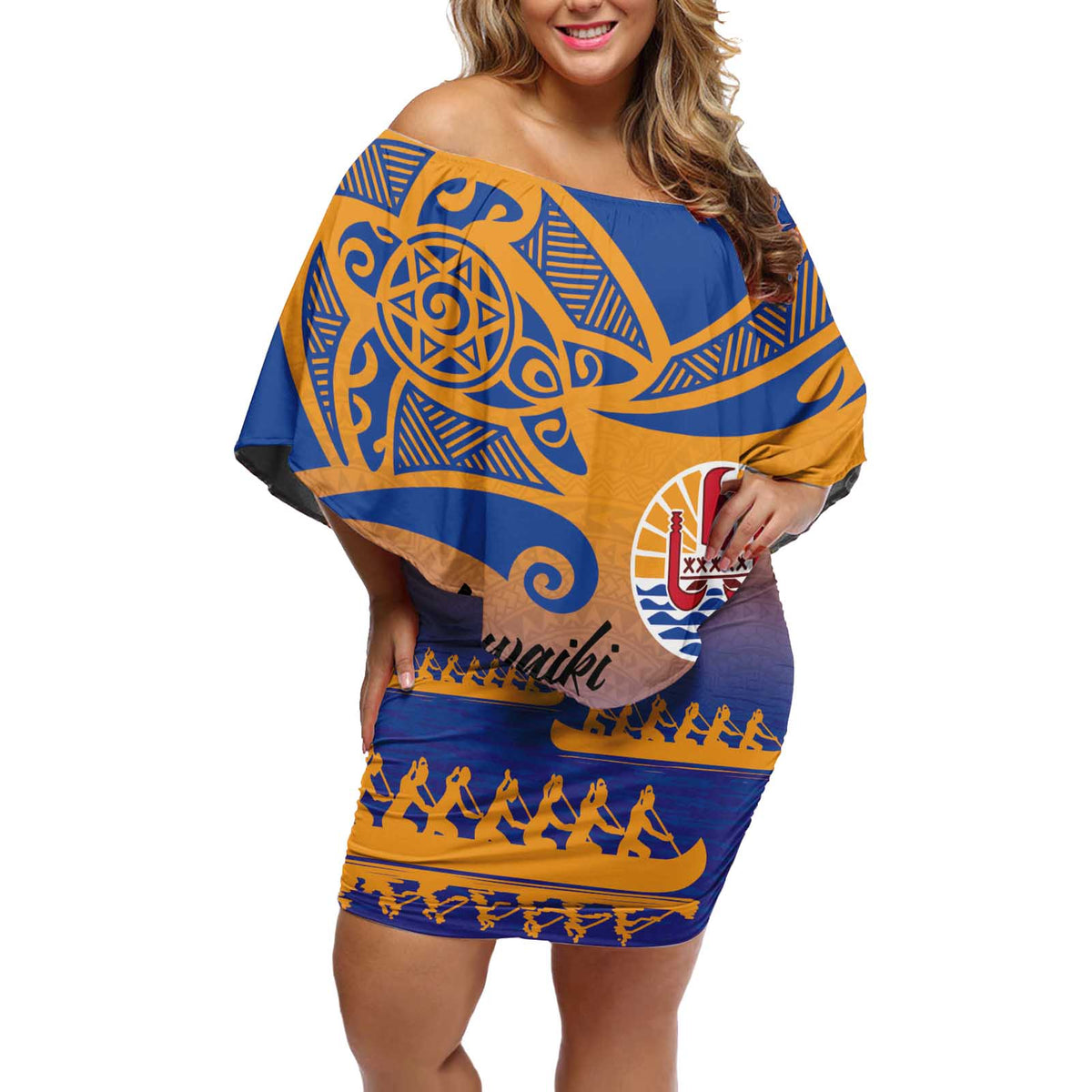 Personalised Hawaiki Nui Va'a French Polynesian Pattern Off Shoulder Short Dress Sunset Color