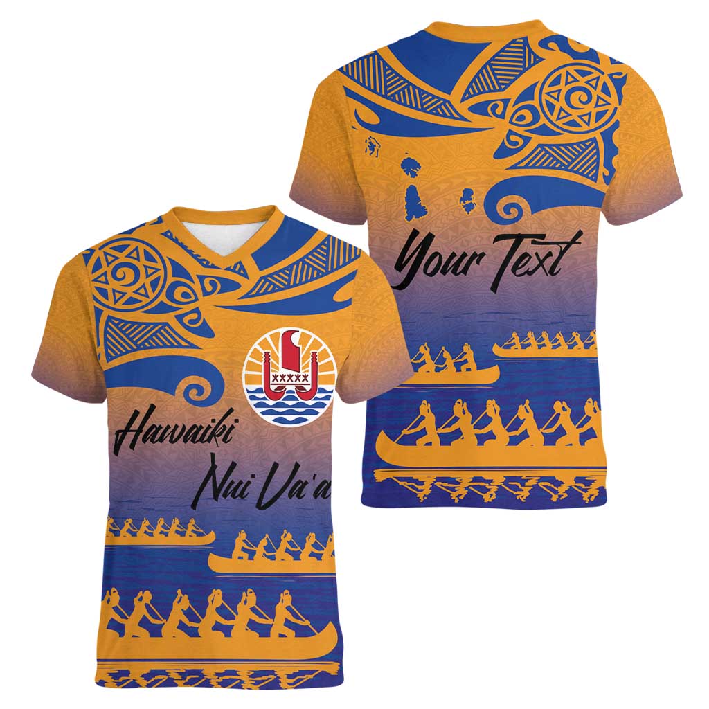 Personalised Hawaiki Nui Va'a French Polynesian Pattern Women V-Neck T-Shirt Sunset Color