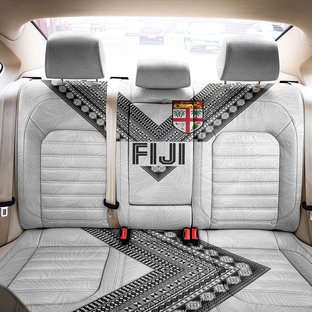 Rugby Fiji Back Car Seat Cover Fijian Masi Tribal Sporty Style White Color - Polynesian Pride