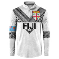 Custom Rugby Fiji Button Sweatshirt Fijian Masi Tribal Sporty Style White Color - Polynesian Pride