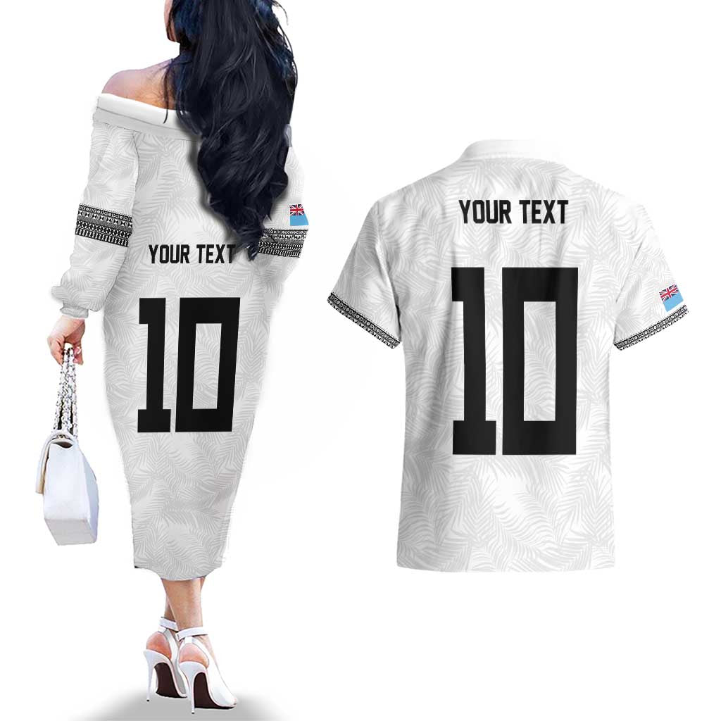 Custom Rugby Fiji Couples Matching Off The Shoulder Long Sleeve Dress and Hawaiian Shirt Fijian Masi Tribal Sporty Style White Color - Polynesian Pride