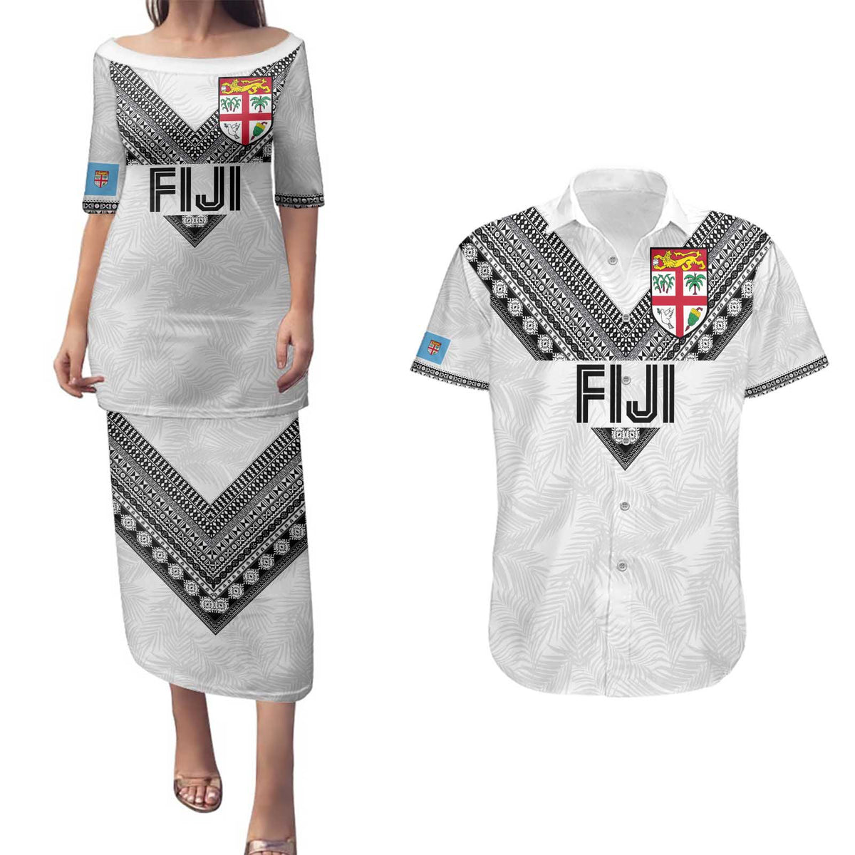 Custom Rugby Fiji Couples Matching Puletasi and Hawaiian Shirt Fijian Masi Tribal Sporty Style White Color LT03 White - Polynesian Pride