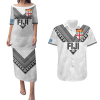 Custom Rugby Fiji Couples Matching Puletasi and Hawaiian Shirt Fijian Masi Tribal Sporty Style White Color LT03 White - Polynesian Pride