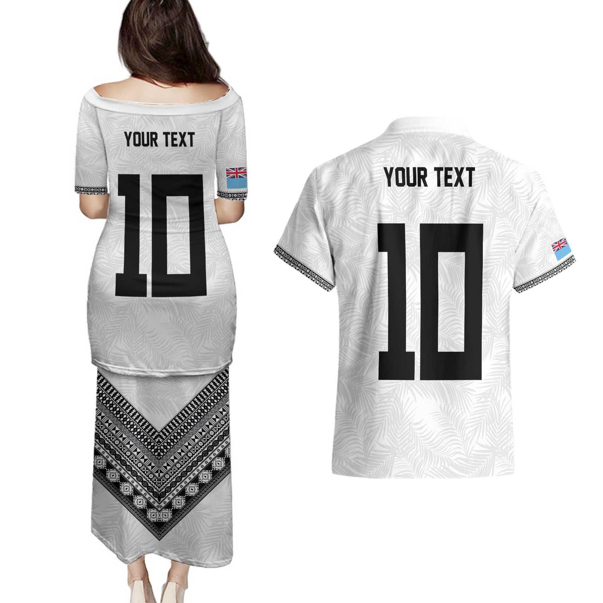 Custom Rugby Fiji Couples Matching Puletasi and Hawaiian Shirt Fijian Masi Tribal Sporty Style White Color LT03 - Polynesian Pride