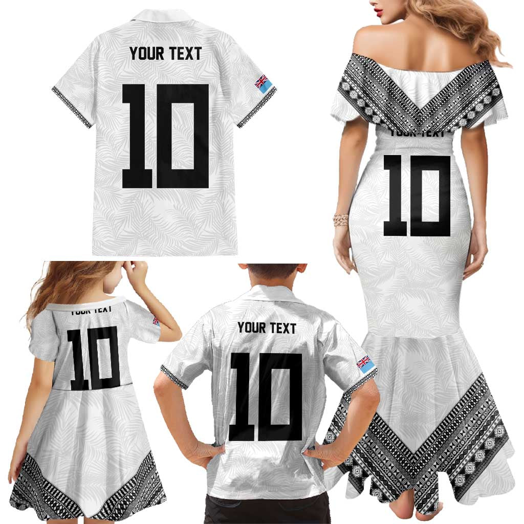 Custom Rugby Fiji Family Matching Mermaid Dress and Hawaiian Shirt Fijian Masi Tribal Sporty Style White Color - Polynesian Pride