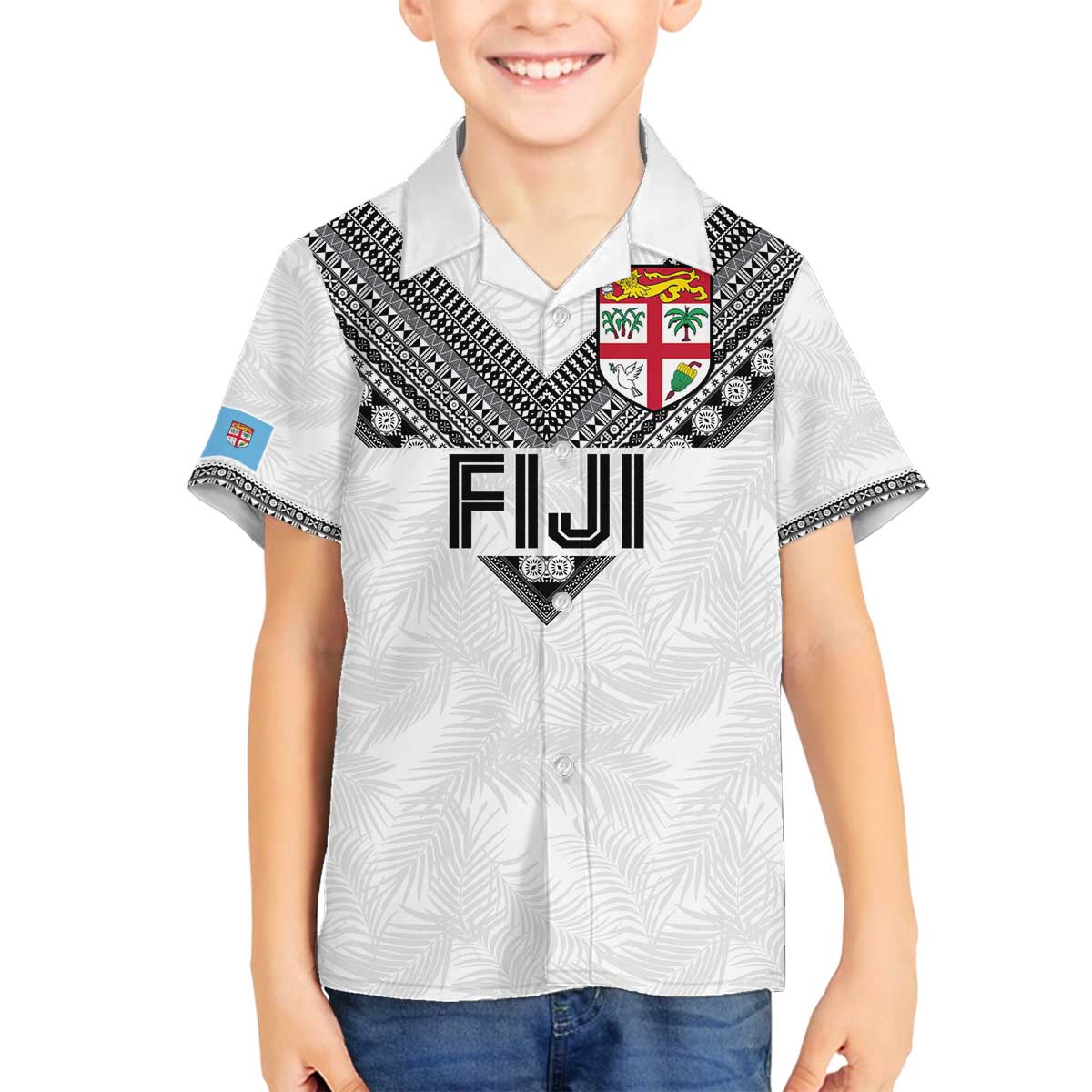 Custom Rugby Fiji Family Matching Off The Shoulder Long Sleeve Dress and Hawaiian Shirt Fijian Masi Tribal Sporty Style White Color - Polynesian Pride