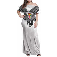 Custom Rugby Fiji Family Matching Off Shoulder Maxi Dress and Hawaiian Shirt Fijian Masi Tribal Sporty Style White Color - Polynesian Pride