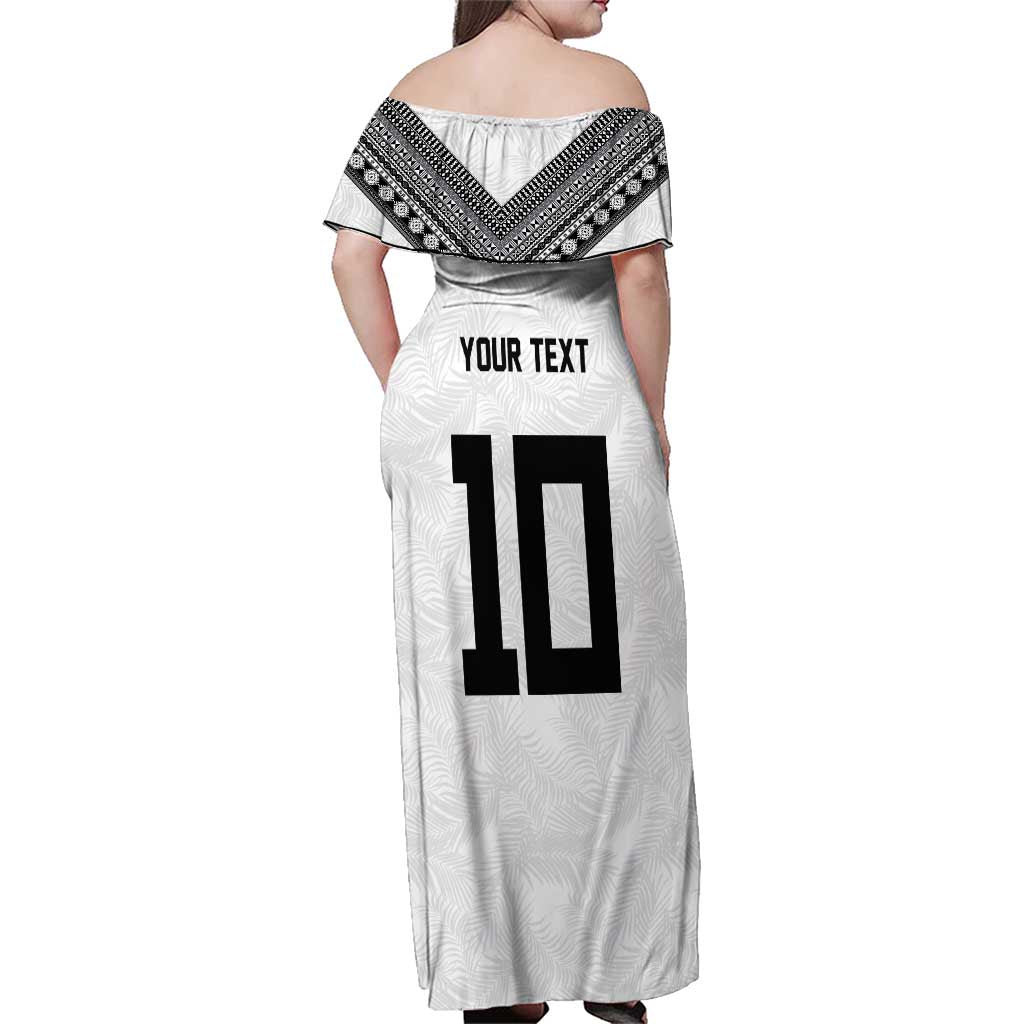 Custom Rugby Fiji Family Matching Off Shoulder Maxi Dress and Hawaiian Shirt Fijian Masi Tribal Sporty Style White Color - Polynesian Pride