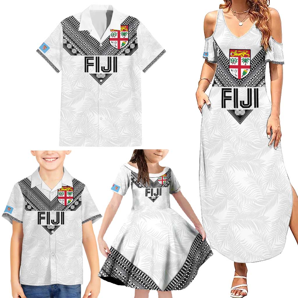 Custom Rugby Fiji Family Matching Summer Maxi Dress and Hawaiian Shirt Fijian Masi Tribal Sporty Style White Color - Polynesian Pride