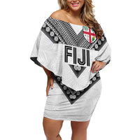 Custom Rugby Fiji Off Shoulder Short Dress Fijian Masi Tribal Sporty Style White Color - Polynesian Pride