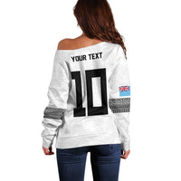 Custom Rugby Fiji Off Shoulder Sweater Fijian Masi Tribal Sporty Style White Color - Polynesian Pride