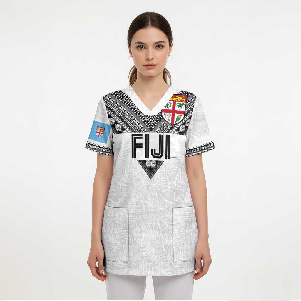 Custom Rugby Fiji Scrub Top Fijian Masi Tribal Sporty Style White Color - Polynesian Pride