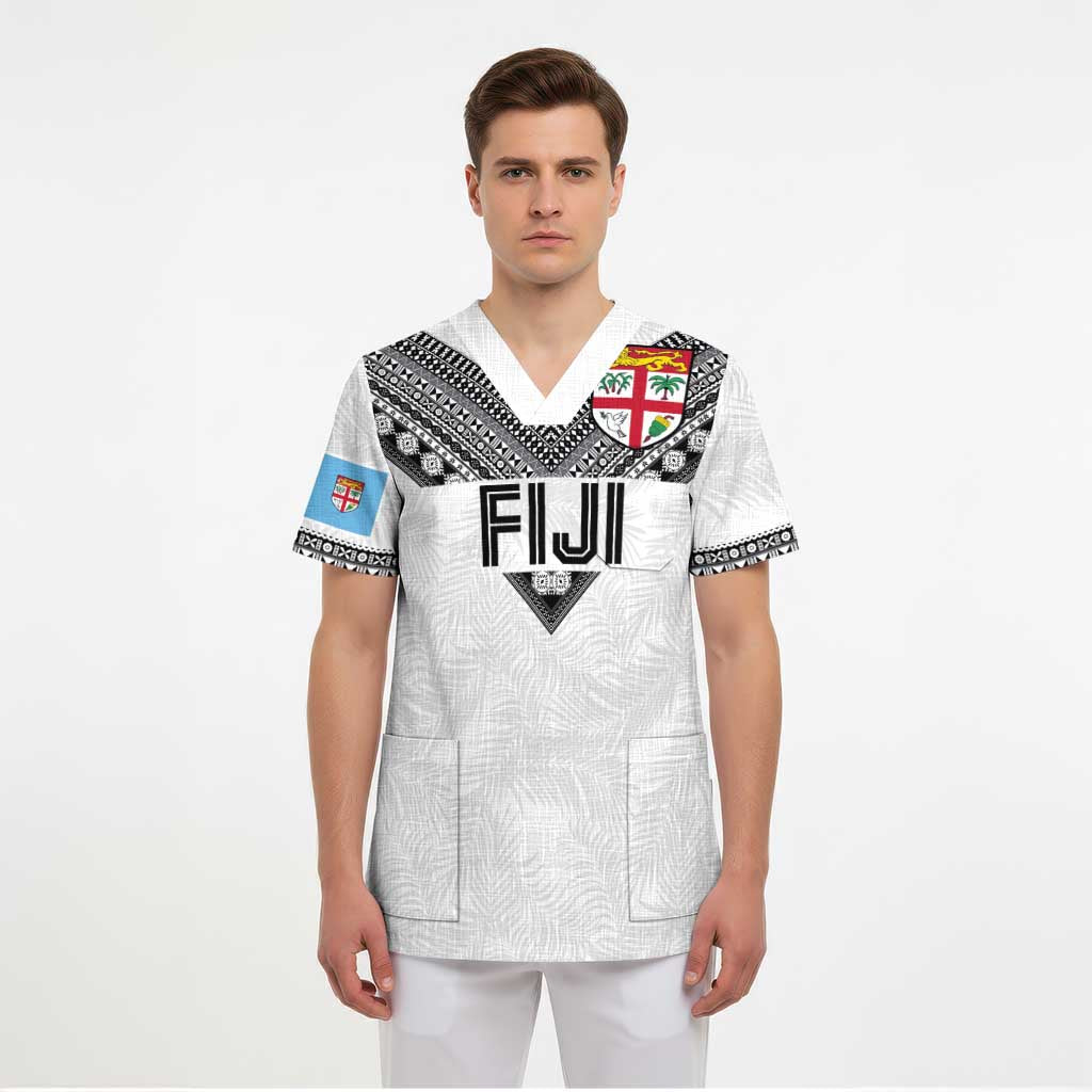 Custom Rugby Fiji Scrub Top Fijian Masi Tribal Sporty Style White Color - Polynesian Pride