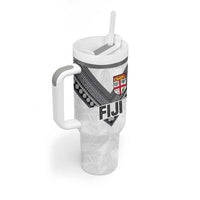 Custom Rugby Fiji Tumbler With Handle Fijian Masi Tribal Sporty Style White Color - Polynesian Pride