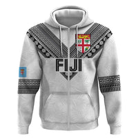 Custom Rugby Fiji Zip Hoodie Fijian Masi Tribal Sporty Style White Color - Polynesian Pride