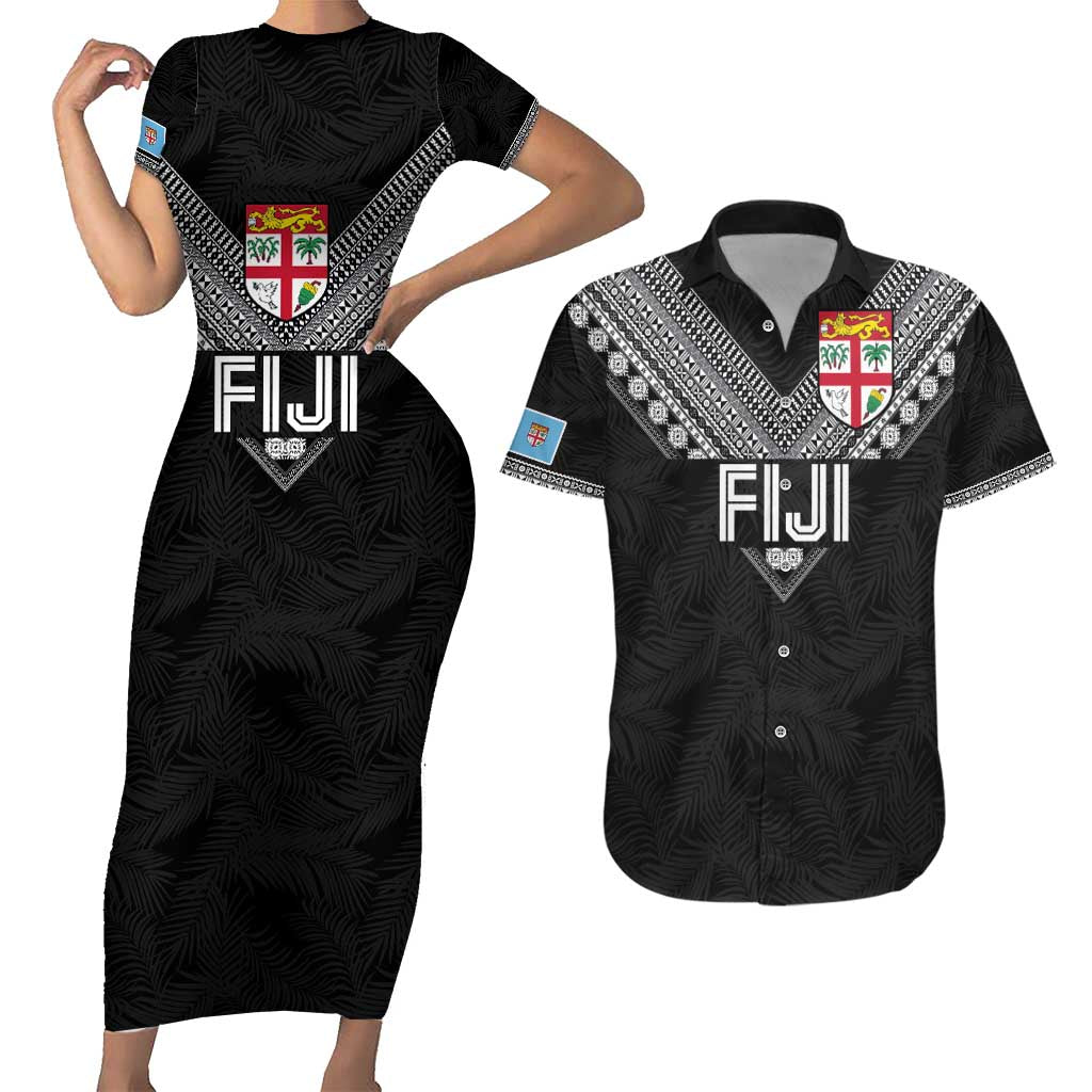 Custom Rugby Fiji Couples Matching Short Sleeve Bodycon Dress and Hawaiian Shirt Fijian Masi Tribal Sporty Style Black Color - Polynesian Pride