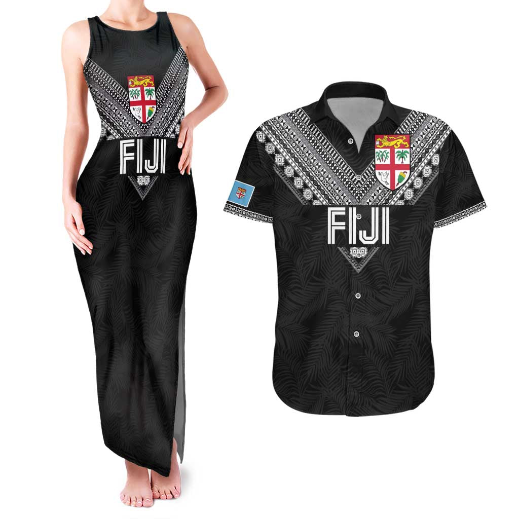 Custom Rugby Fiji Couples Matching Tank Maxi Dress and Hawaiian Shirt Fijian Masi Tribal Sporty Style Black Color - Polynesian Pride