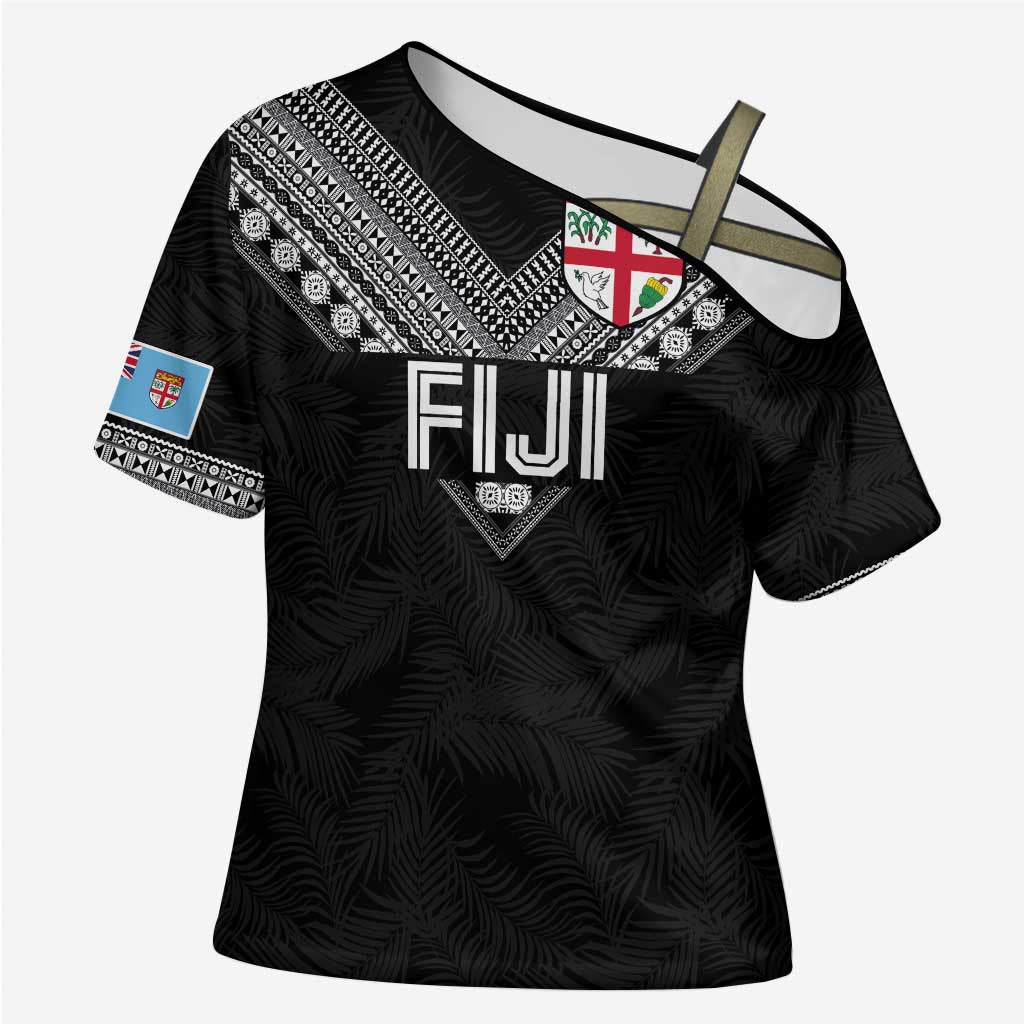 Custom Rugby Fiji Cross Shoulder Shirt Fijian Masi Tribal Sporty Style Black Color - Polynesian Pride
