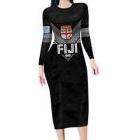 Custom Rugby Fiji Family Matching Long Sleeve Bodycon Dress and Hawaiian Shirt Fijian Masi Tribal Sporty Style Black Color - Polynesian Pride