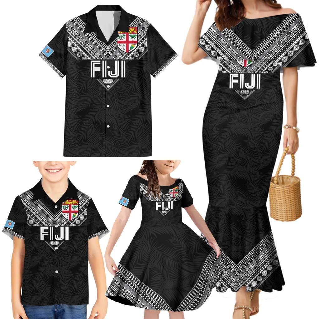Custom Rugby Fiji Family Matching Mermaid Dress and Hawaiian Shirt Fijian Masi Tribal Sporty Style Black Color - Polynesian Pride