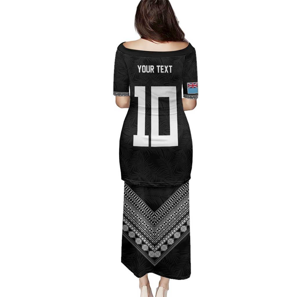 Custom Rugby Fiji Family Matching Puletasi and Hawaiian Shirt Fijian Masi Tribal Sporty Style Black Color - Polynesian Pride