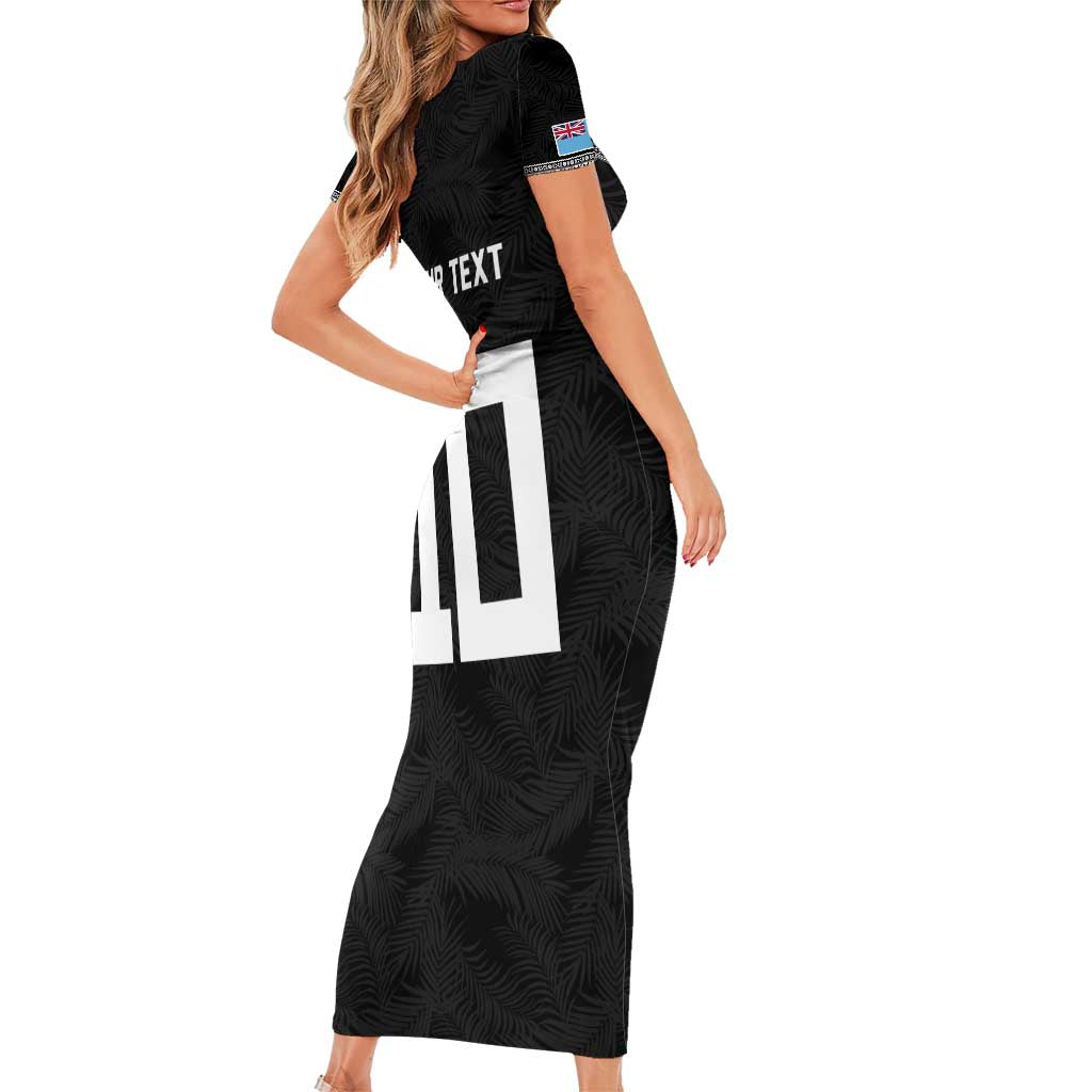 Custom Rugby Fiji Family Matching Short Sleeve Bodycon Dress and Hawaiian Shirt Fijian Masi Tribal Sporty Style Black Color - Polynesian Pride