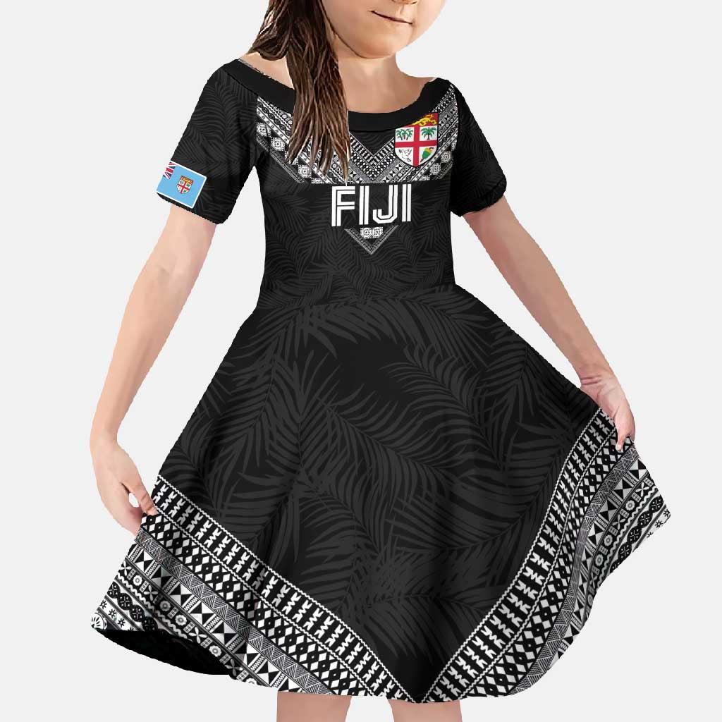 Custom Rugby Fiji Family Matching Tank Maxi Dress and Hawaiian Shirt Fijian Masi Tribal Sporty Style Black Color - Polynesian Pride