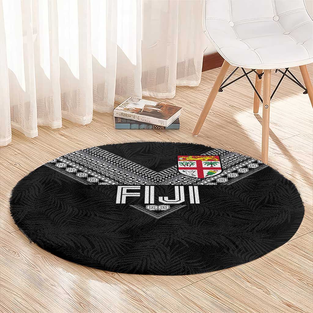 Rugby Fiji Round Carpet Fijian Masi Tribal Sporty Style Black Color - Polynesian Pride