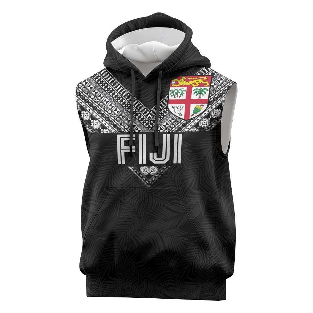 Custom Rugby Fiji Sleeveless Hoodie Fijian Masi Tribal Sporty Style Black Color - Polynesian Pride