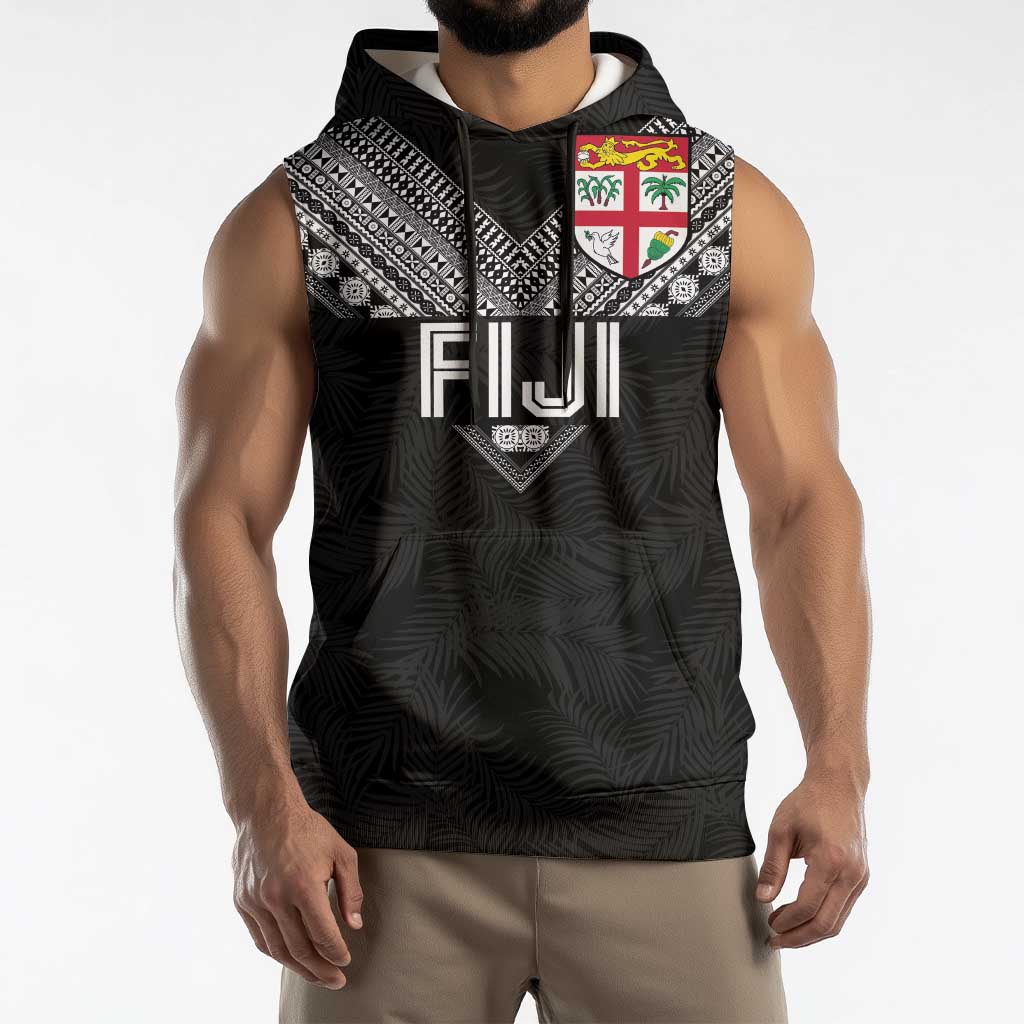 Custom Rugby Fiji Sleeveless Hoodie Fijian Masi Tribal Sporty Style Black Color - Polynesian Pride