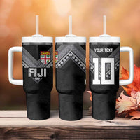 Custom Rugby Fiji Tumbler With Handle Fijian Masi Tribal Sporty Style Black Color - Polynesian Pride