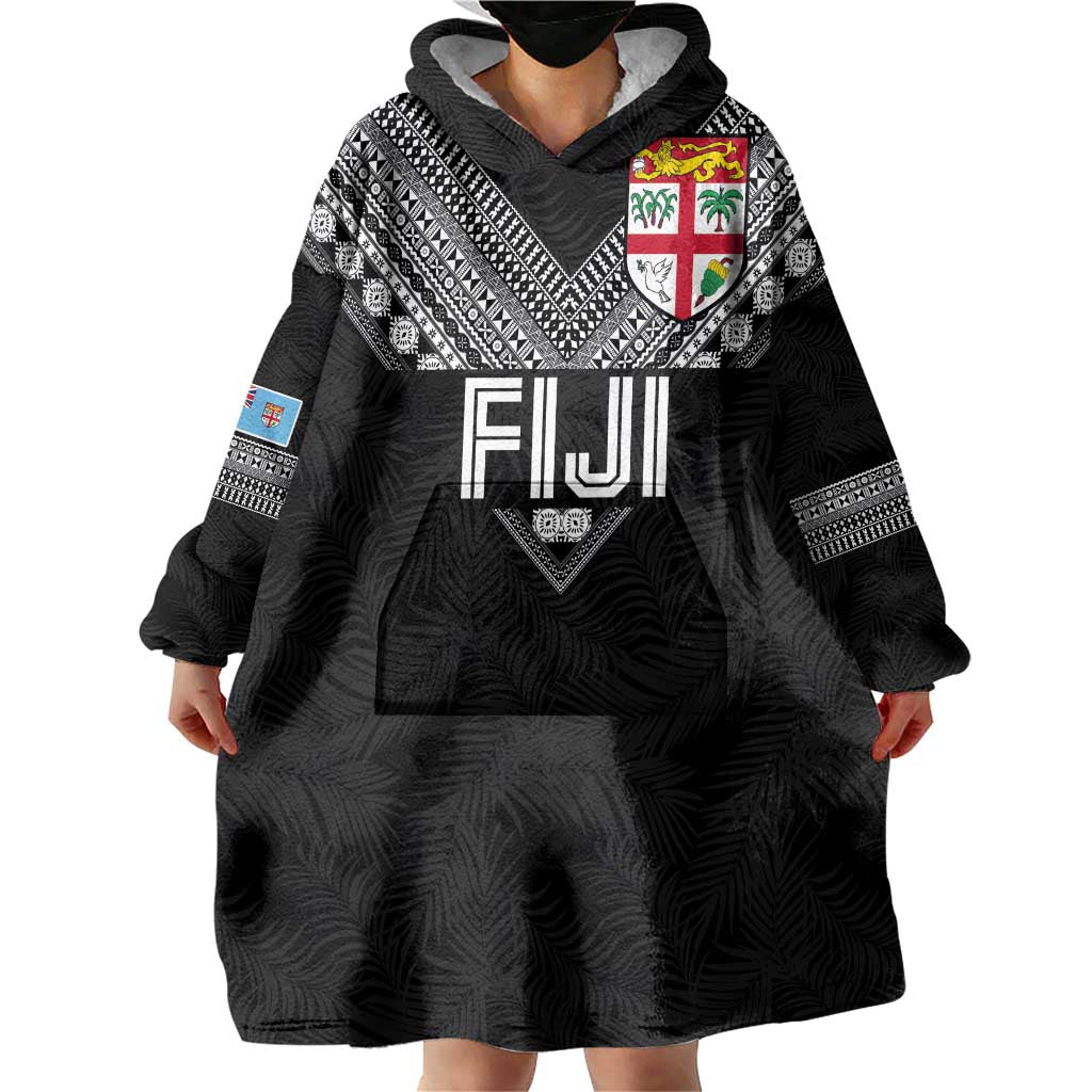 Custom Rugby Fiji Wearable Blanket Hoodie Fijian Masi Tribal Sporty Style Black Color - Polynesian Pride