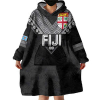 Custom Rugby Fiji Wearable Blanket Hoodie Fijian Masi Tribal Sporty Style Black Color - Polynesian Pride