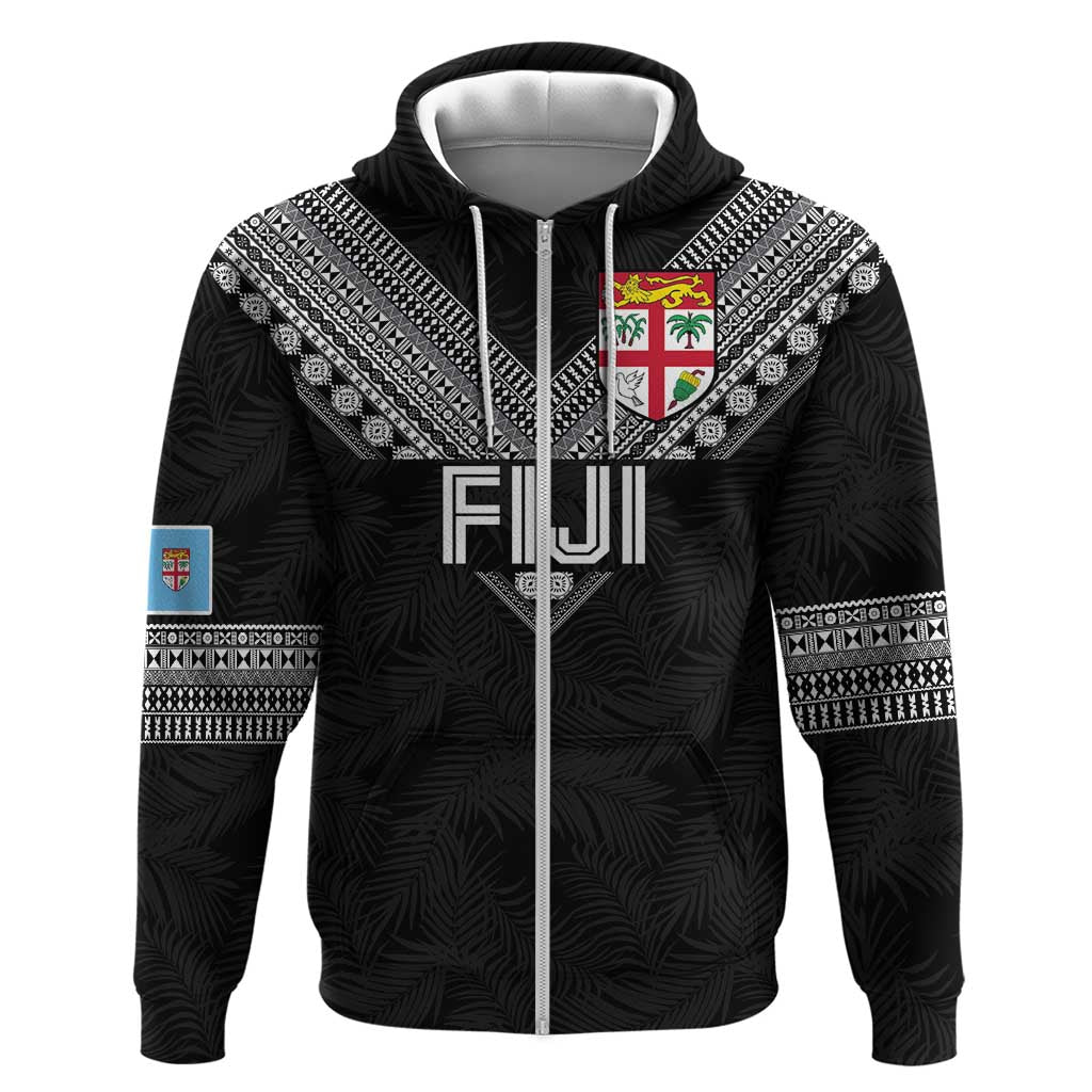 Custom Rugby Fiji Zip Hoodie Fijian Masi Tribal Sporty Style Black Color - Polynesian Pride